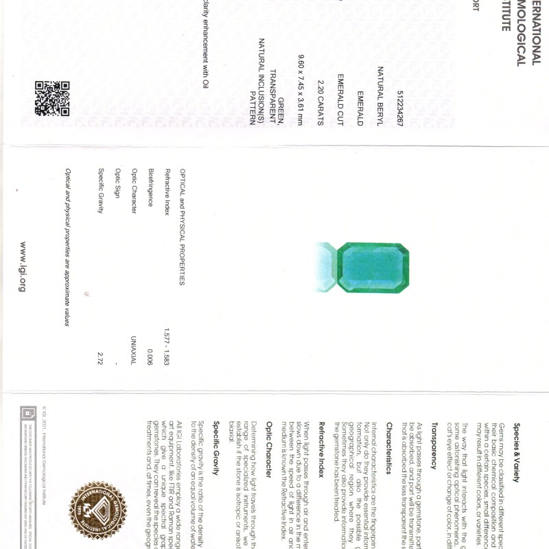2.20 Ct IGI Certified Untreated Natural Zambian Emerald Gemstone AAA
