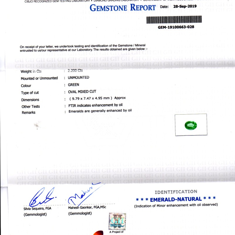 2.20 Ct GII Certified Untreated Natural Zambian Emerald Gemstone AA 2.20 Ct GII Certified Untreated Natural Zambian Emerald Gemstone AA