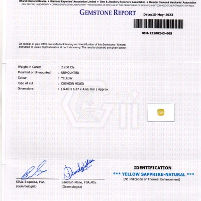 2.20 Ct GII Certified Unheated Untreated Natural Ceylon Yellow Sapphire 2.20 Ct GII Certified Unheated Untreated Natural Ceylon Yellow Sapphire