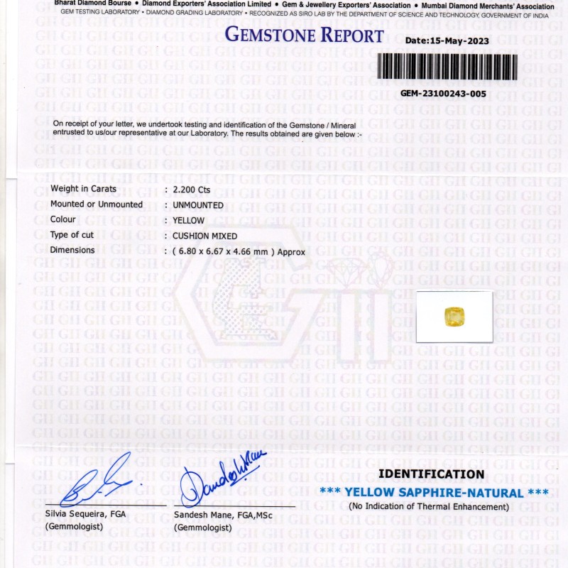 2.20 Ct GII Certified Unheated Untreated Natural Ceylon Yellow Sapphire 2.20 Ct GII Certified Unheated Untreated Natural Ceylon Yellow Sapphire