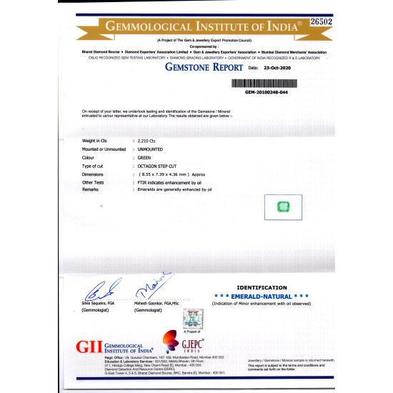 2.21 Ct GII Certified Untreated Natural Zambian Emerald Gems AAAA
