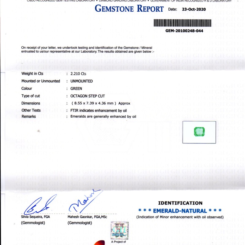 2.21 Ct GII Certified Untreated Natural Zambian Emerald Gems AAAA