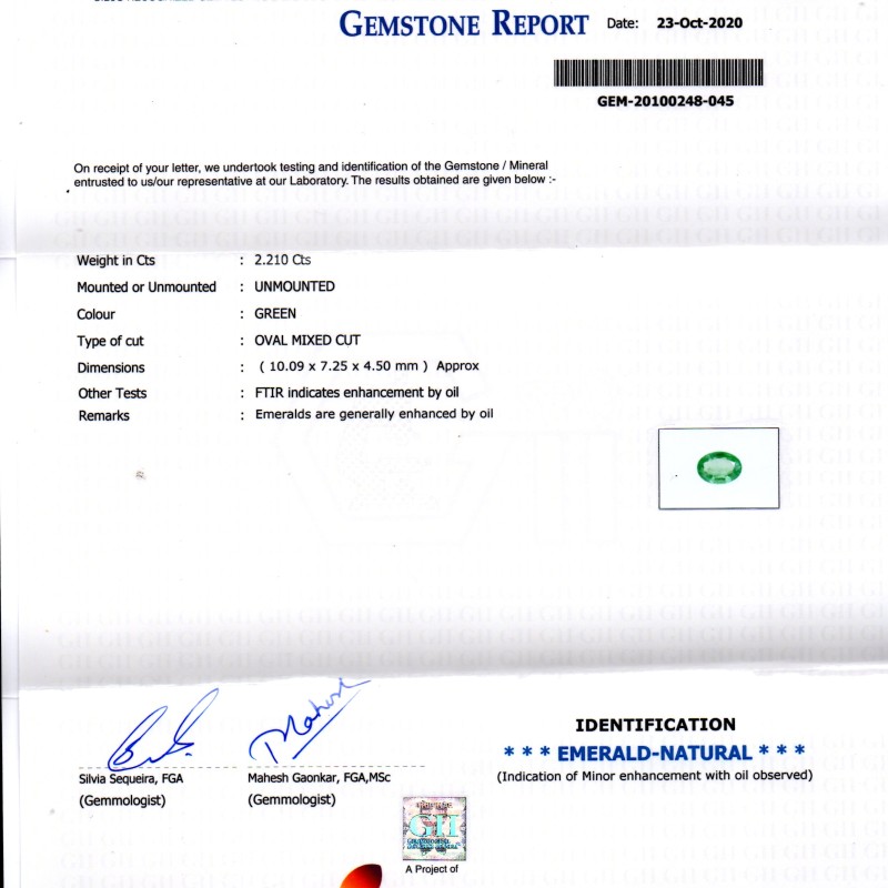 2.21 Ct GII Certified Untreated Natural Zambian Emerald Gems AAA 2.21 Ct GII Certified Untreated Natural Zambian Emerald Gems AAA