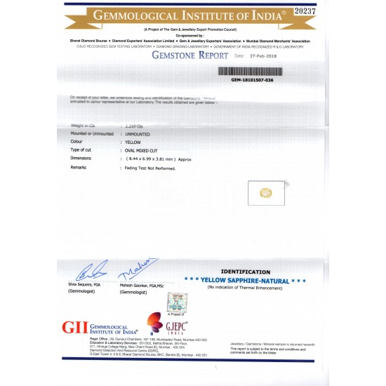 2.21 Ct GII Certified Unheated Untreated Natural Ceylon Yellow Sapphire