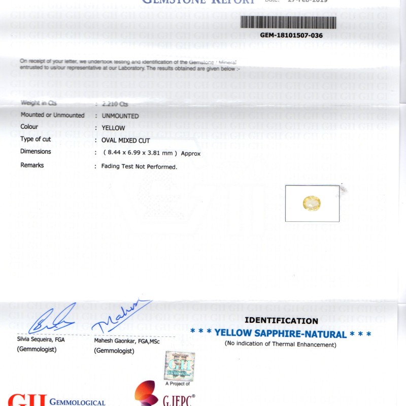 2.21 Ct GII Certified Unheated Untreated Natural Ceylon Yellow Sapphire 2.21 Ct GII Certified Unheated Untreated Natural Ceylon Yellow Sapphire