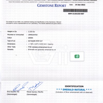 2.22 Ct GII Certified Untreated Natural Zambian Emerald Gemstone