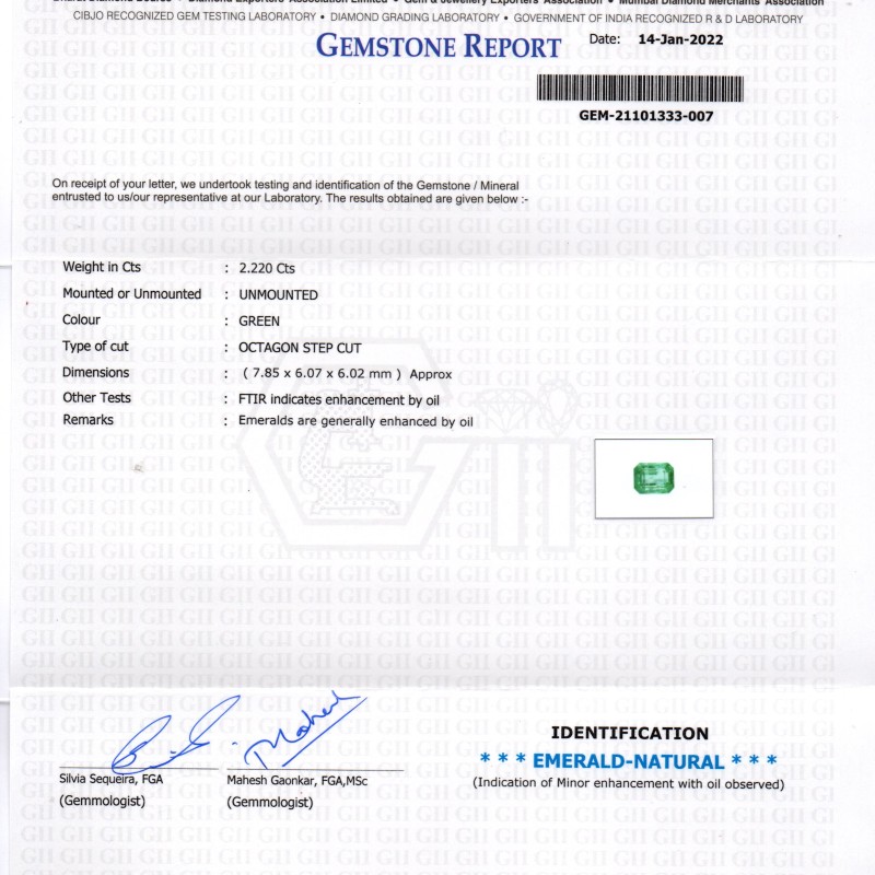 2.22 Ct GII Certified Untreated Natural Zambian Emerald Gemstone