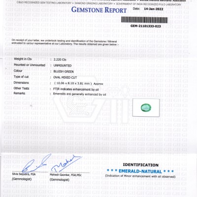 2.22 Ct GII Certified Untreated Natural Zambian Emerald Gemstone