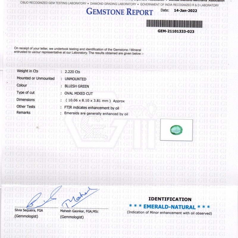 2.22 Ct GII Certified Untreated Natural Zambian Emerald Gemstone