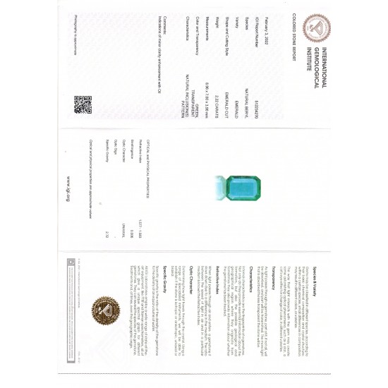 2.22 Ct IGI Certified Untreated Natural Zambian Emerald Gemstone AAA