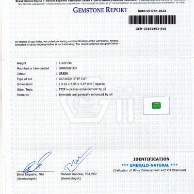 2.22 Ct GII Certified Untreated Natural Zambian Emerald Panna AAAA