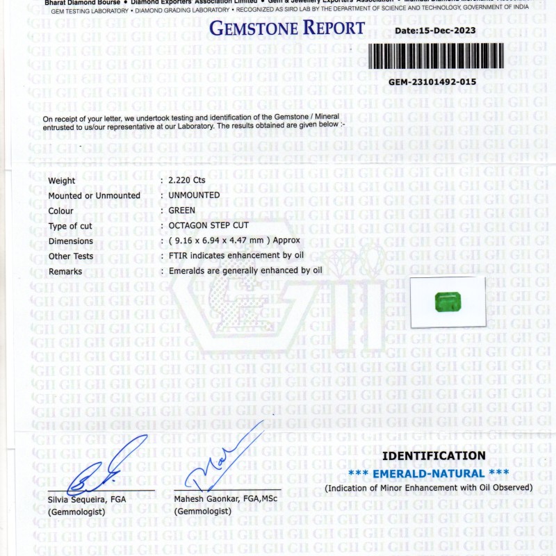 2.22 Ct GII Certified Untreated Natural Zambian Emerald Panna AAAA