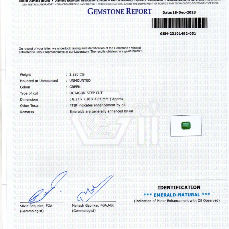 2.22 Ct GII Certified Untreated Natural Zambian Emerald Panna AAA