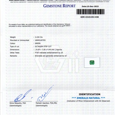 2.22 Ct GII Certified Untreated Natural Zambian Emerald Panna AAAA