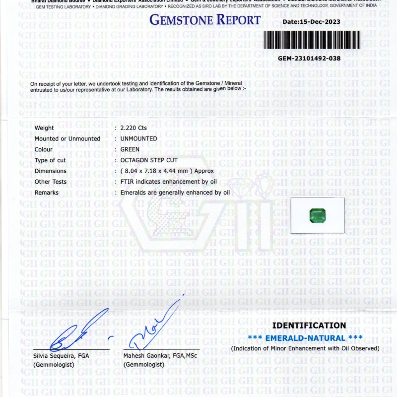 2.22 Ct GII Certified Untreated Natural Zambian Emerald Panna AAAA
