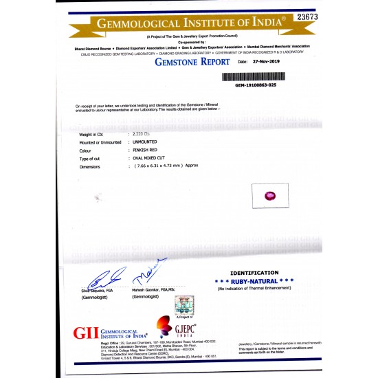2.22 Ct GII Certified Unheated Untreated Natural Madagaskar Ruby