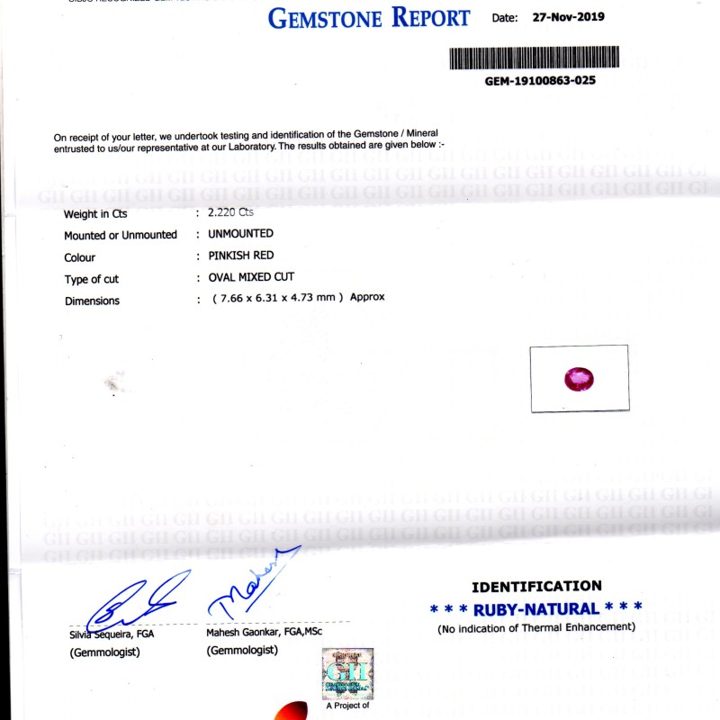 2.22 Ct GII Certified Unheated Untreated Natural Madagaskar Ruby