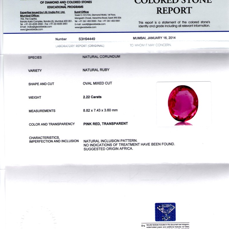 2.22 Ct IGI Certified Unheated Untreated Natural Pinkish Ruby **RARE** 2.22 Ct IGI Certified Unheated Untreated Natural Pinkish Ruby **RARE**