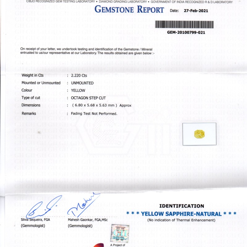 2.22 Ct Gii Certified Unheated Untreated Natural Ceylon Yellow Sapphire AAA 2.22 Ct Gii Certified Unheated Untreated Natural Ceylon Yellow Sapphire AAA