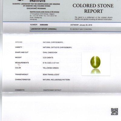 2.23 Ct IGI Certified Untreated Natural Chrysoberyl Ceylon Cats Eye 2.23 Ct IGI Certified Untreated Natural Chrysoberyl Ceylon Cats Eye