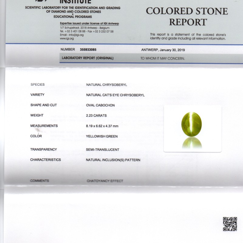 2.23 Ct IGI Certified Untreated Natural Chrysoberyl Ceylon Cats Eye 2.23 Ct IGI Certified Untreated Natural Chrysoberyl Ceylon Cats Eye