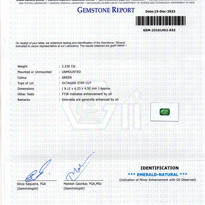 2.23 Ct GII Certified Untreated Natural Zambian Emerald Panna AAA