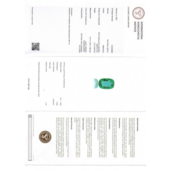 2.23 Ct IGI Certified Untreated Natural Zambian Emerald Gemstone AAA