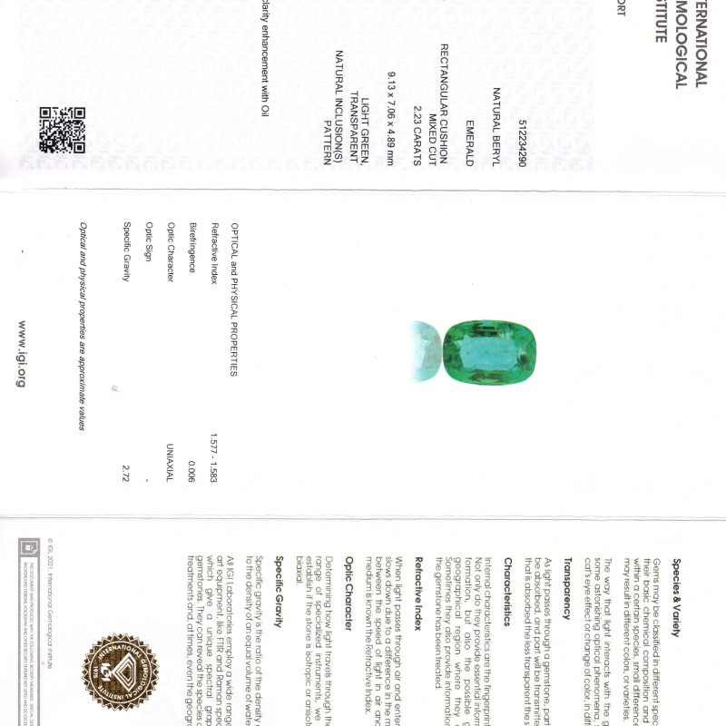 2.23 Ct IGI Certified Untreated Natural Zambian Emerald Gemstone AAA 2.23 Ct IGI Certified Untreated Natural Zambian Emerald Gemstone AAA