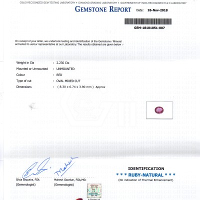 2.23 Ct GII Certified Unheated Untreated Natural Madagaskar Ruby AAA 2.23 Ct GII Certified Unheated Untreated Natural Madagaskar Ruby AAA