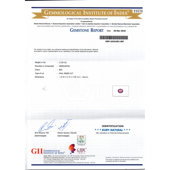 2.23 Ct GII Certified Unheated Untreated Natural Madagaskar Ruby AAA