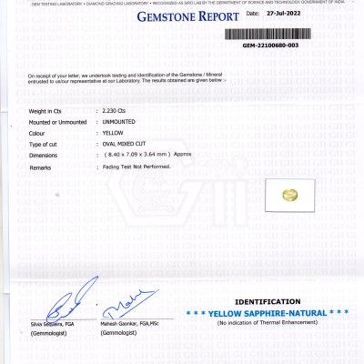 2.23 Ct GII Certified Unheated Untreated Natural Ceylon Yellow Sapphire 2.23 Ct GII Certified Unheated Untreated Natural Ceylon Yellow Sapphire