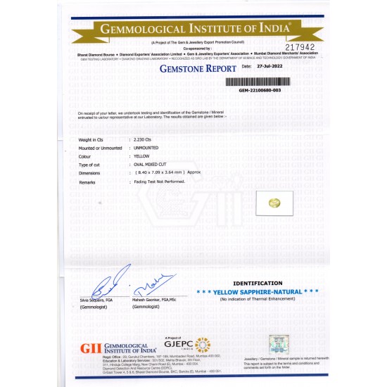 2.23 Ct GII Certified Unheated Untreated Natural Ceylon Yellow Sapphire