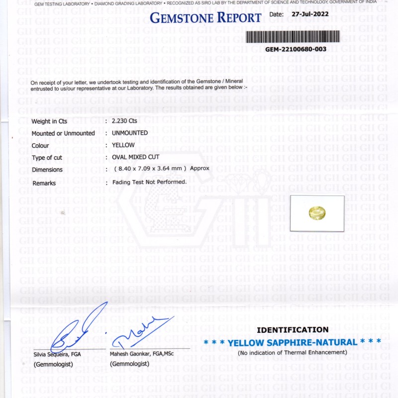 2.23 Ct GII Certified Unheated Untreated Natural Ceylon Yellow Sapphire 2.23 Ct GII Certified Unheated Untreated Natural Ceylon Yellow Sapphire
