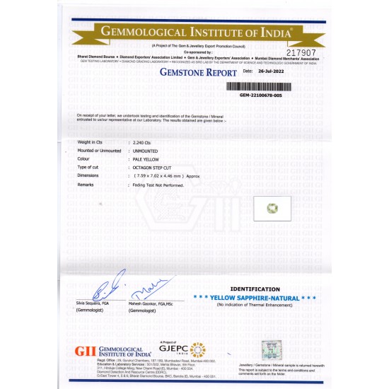 2.24 Ct GII Certified Unheated Untreated Natural Ceylon Yellow Sapphire