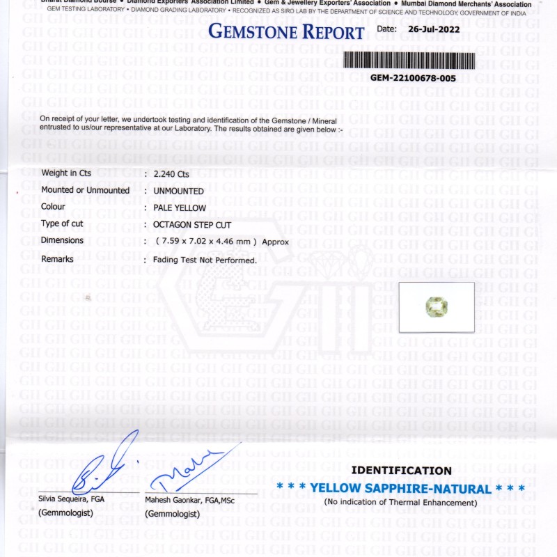 2.24 Ct GII Certified Unheated Untreated Natural Ceylon Yellow Sapphire