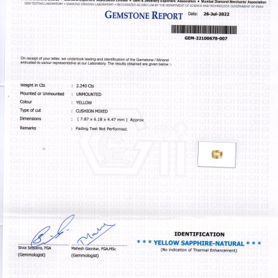 2.24 Ct GII Certified Unheated Untreated Natural Ceylon Yellow Sapphire 2.24 Ct GII Certified Unheated Untreated Natural Ceylon Yellow Sapphire
