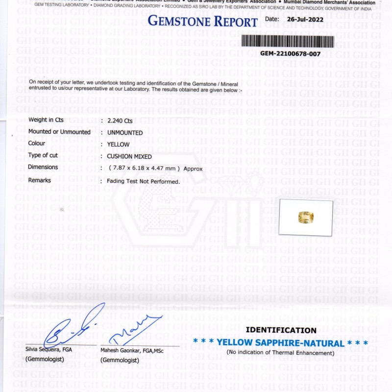2.24 Ct GII Certified Unheated Untreated Natural Ceylon Yellow Sapphire 2.24 Ct GII Certified Unheated Untreated Natural Ceylon Yellow Sapphire
