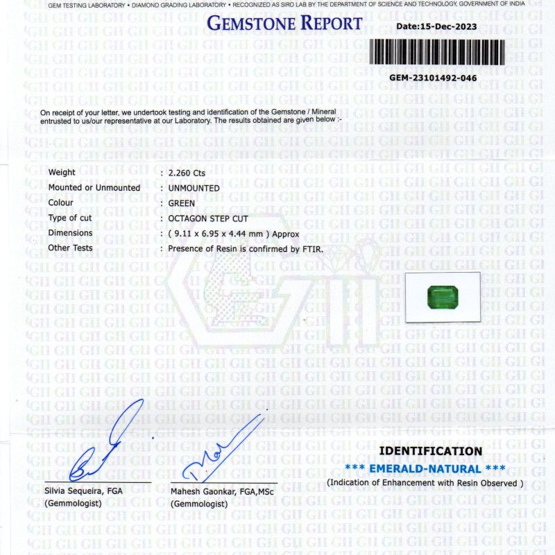 2.26 Ct GII Certified Untreated Natural Zambian Emerald Panna AAA