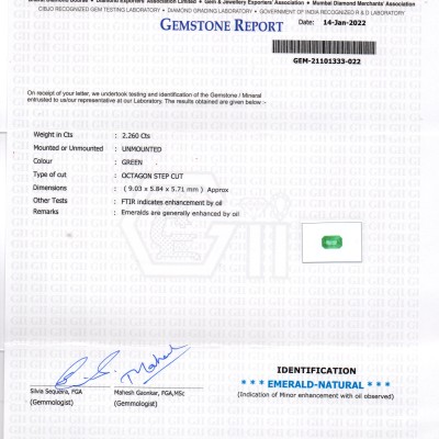2.26 Ct GII Certified Untreated Natural Zambian Emerald Gemstone 2.26 Ct GII Certified Untreated Natural Zambian Emerald Gemstone