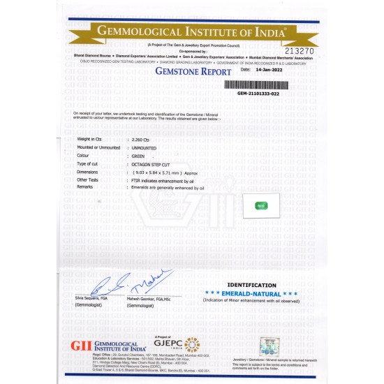 2.26 Ct GII Certified Untreated Natural Zambian Emerald Gemstone