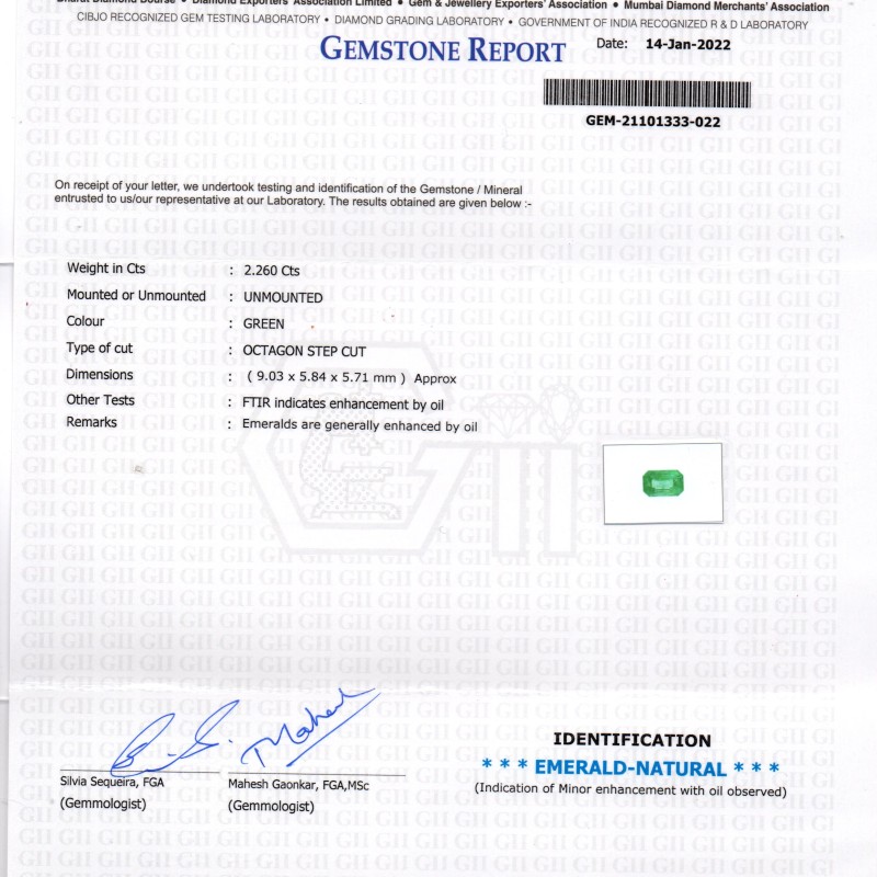 2.26 Ct GII Certified Untreated Natural Zambian Emerald Gemstone 2.26 Ct GII Certified Untreated Natural Zambian Emerald Gemstone
