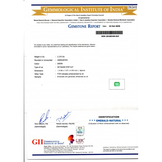 2.27 Ct GII Certified Untreated Natural Zambian Emerald Gemstone