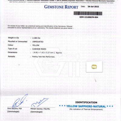 2.28 Ct GII Certified Unheated Untreated Natural Ceylon Yellow Sapphire 2.28 Ct GII Certified Unheated Untreated Natural Ceylon Yellow Sapphire