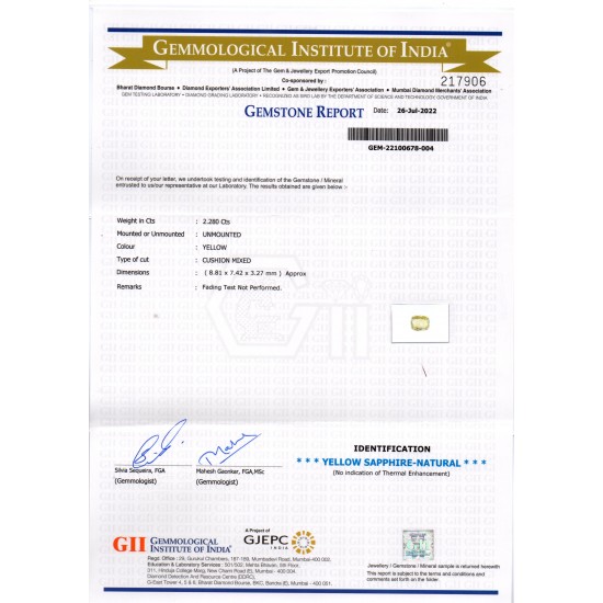 2.28 Ct GII Certified Unheated Untreated Natural Ceylon Yellow Sapphire