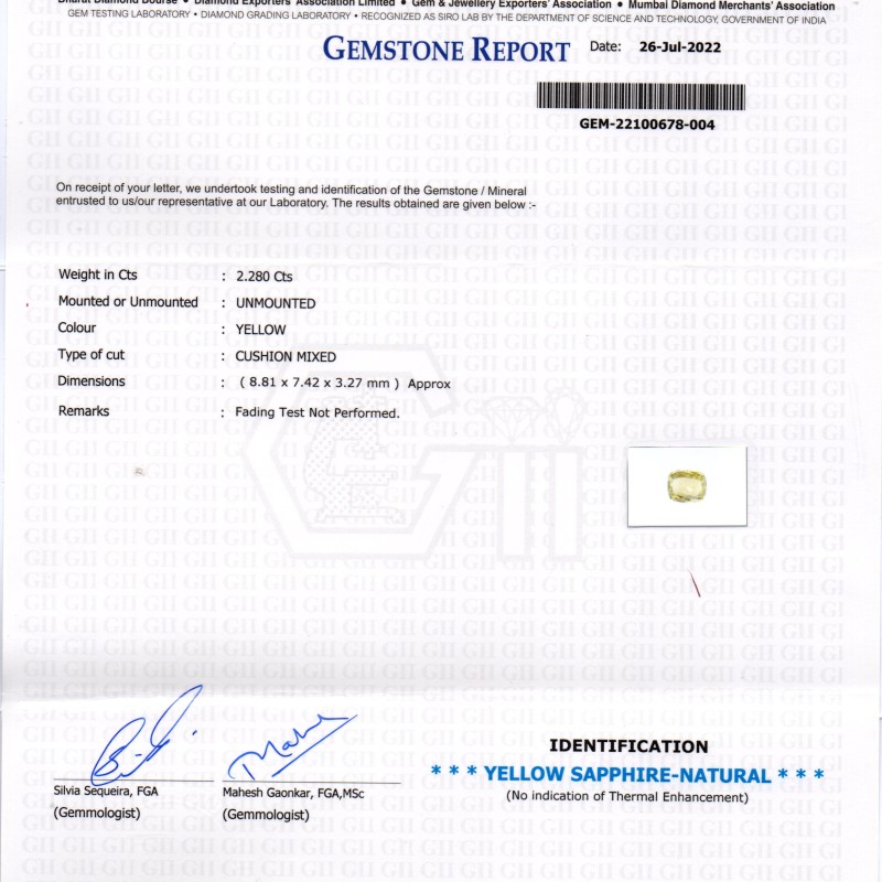 2.28 Ct GII Certified Unheated Untreated Natural Ceylon Yellow Sapphire 2.28 Ct GII Certified Unheated Untreated Natural Ceylon Yellow Sapphire