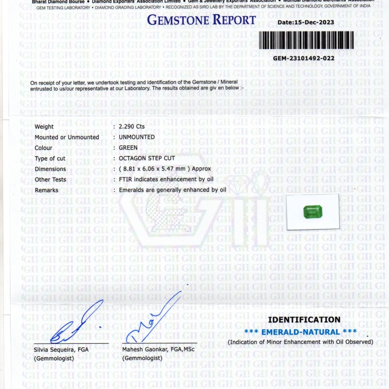 2.29 Ct GII Certified Untreated Natural Zambian Emerald Panna AAA 2.29 Ct GII Certified Untreated Natural Zambian Emerald Panna AAA