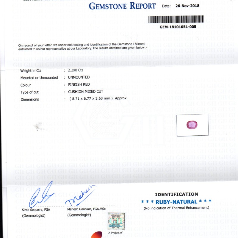 2.29 Ct GII Certified Unheated Untreated Natural Madagaskar Ruby AAA 2.29 Ct GII Certified Unheated Untreated Natural Madagaskar Ruby AAA