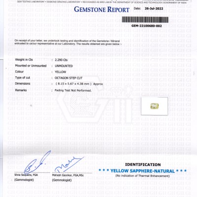 2.29 Ct GII Certified Unheated Untreated Natural Ceylon Yellow Sapphire 2.29 Ct GII Certified Unheated Untreated Natural Ceylon Yellow Sapphire