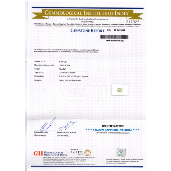 2.29 Ct GII Certified Unheated Untreated Natural Ceylon Yellow Sapphire
