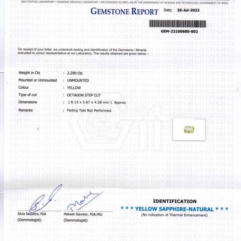 2.29 Ct GII Certified Unheated Untreated Natural Ceylon Yellow Sapphire 2.29 Ct GII Certified Unheated Untreated Natural Ceylon Yellow Sapphire